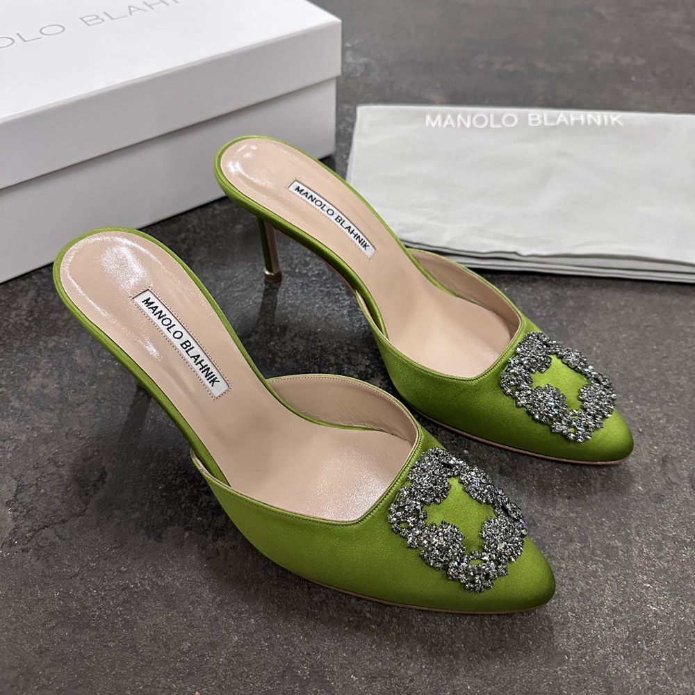 Manolo Blahnik Satin Hangisimu 70 Mule Heels Green Satin - Picture 12 of 13